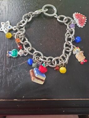 School Charm Bracelet for Kids with Red Apple and Multicolor Beads